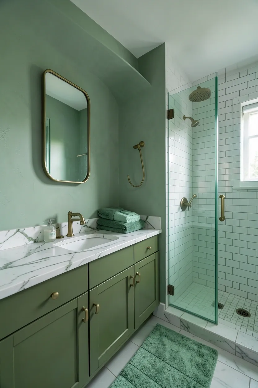 Hyper-realistic 3:2 wide shot of a luxurious monochromatic green spa bathroom featuring sage green walls, olive green vanity with brass hardware, white quartz countertop with green marble veining, mint green bath mat, forest green towels, white subway tile shower with green glass enclosure. Natural light. Materials: sage green plaster, olive green painted wood, green marble, mint green fabric, forest green cotton towels, brass fixtures. Immersive monochromatic green palette. Sophisticated layered green tones. No text, no logos, no watermarks.</p>