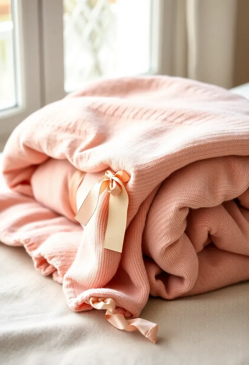 soft blush pink throw blanket rolled and tied with satin ribbon with kraft gift tag
