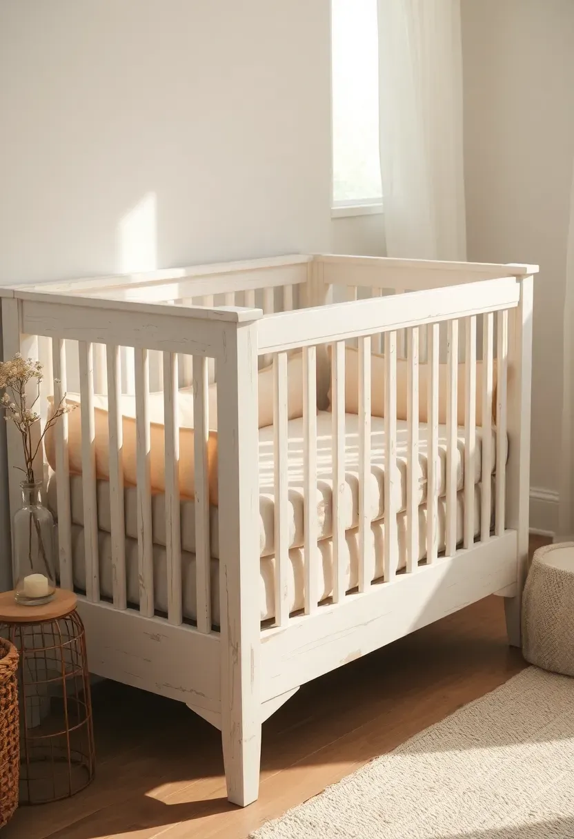 white distressed crib in shabby chic nursery with soft linen bedding and dried flowers on nightstand