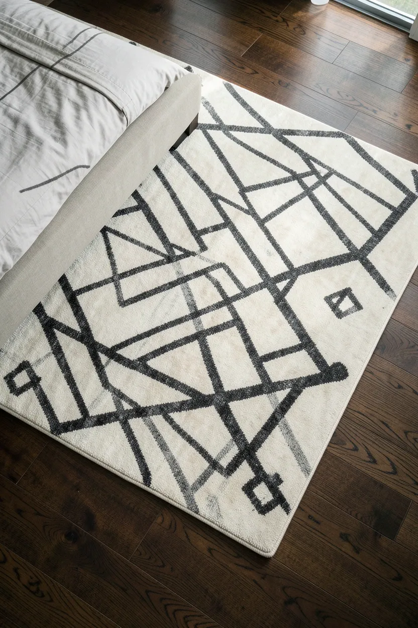 Large geometric patterned wool rug in charcoal and cream tones anchoring a modern luxury bedroom seating area