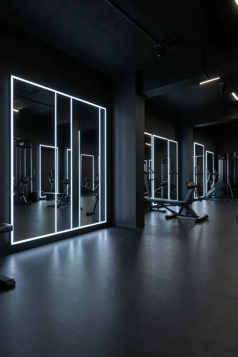 Black gym mirror panels with glowing cool-white LED edge lighting on charcoal walls