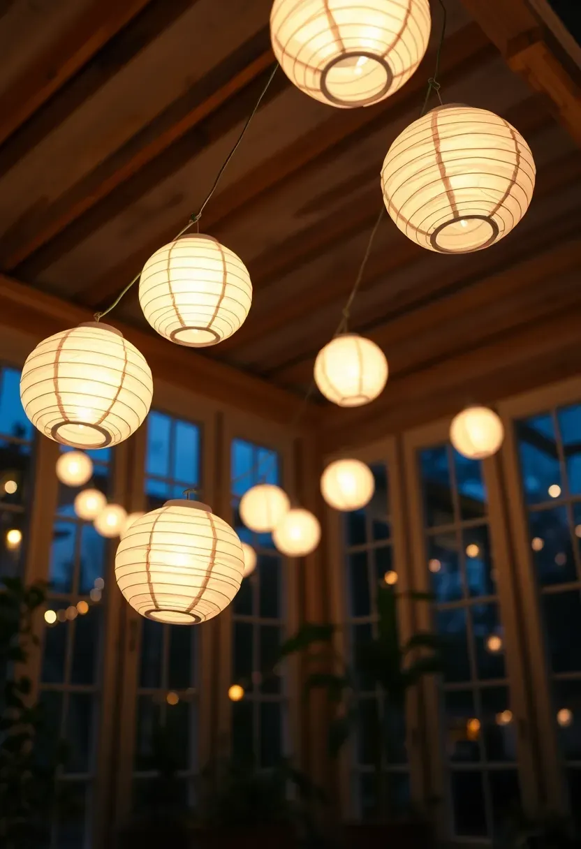 Warm white paper lantern string lights draped along sunroom ceiling beams creating a soft festive glow in the early evening with plants silhouetted against the windows