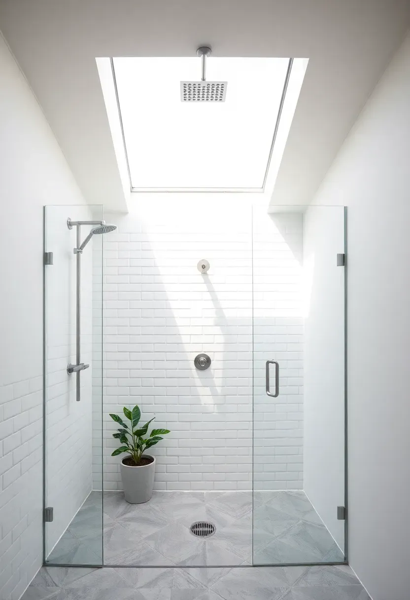 Walk-in shower lit from above by a skylight with white tile, plants, and glass enclosure