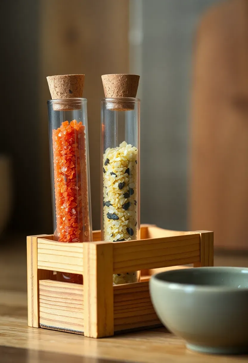 trio of small glass tubes filled with different colored flavored salts in a mini wooden crate