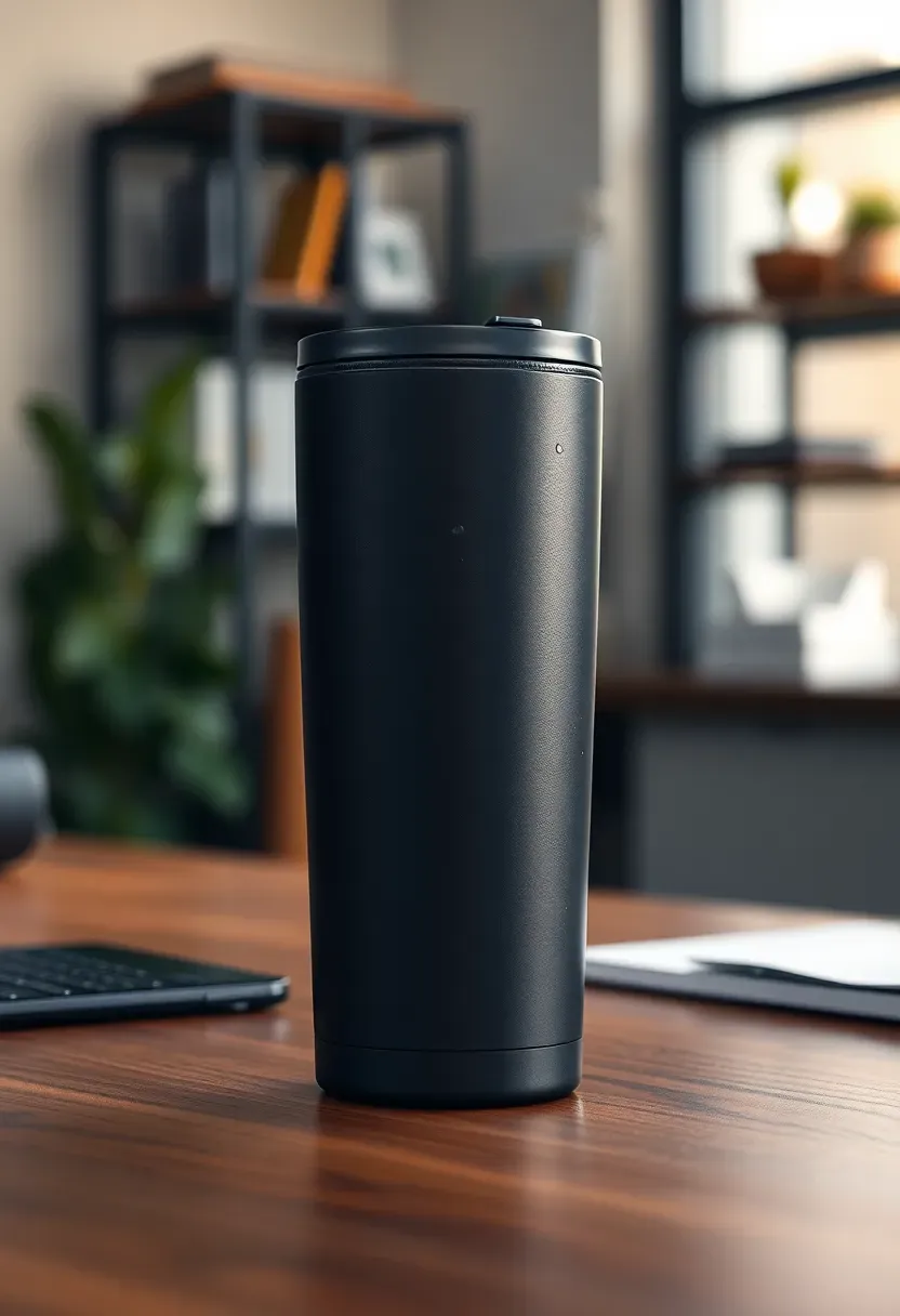 Insulated stainless steel travel tumbler with matte black finish on a desk with condensation droplets and a blurred office background