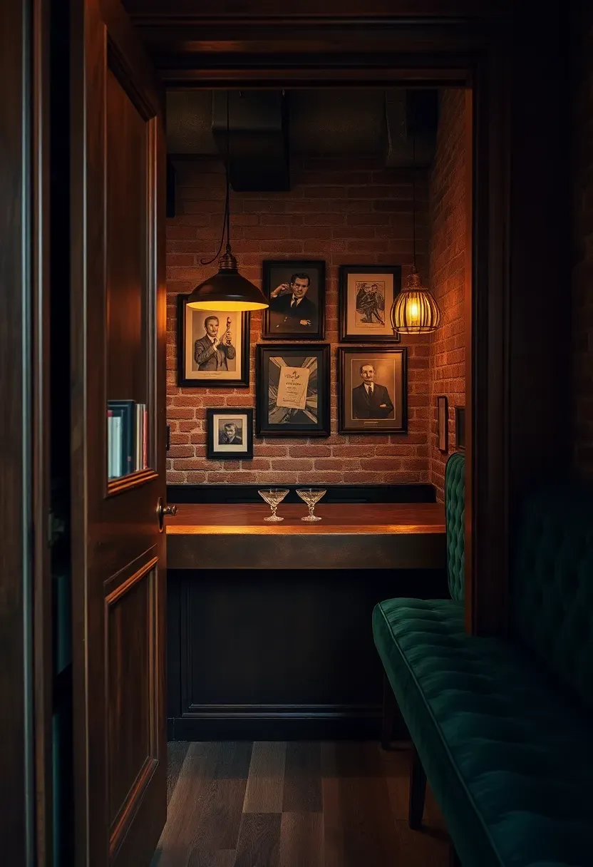 Hidden speakeasy-style bar behind a bookshelf door with exposed brick interior, copper bar top, vintage cocktail posters, moody pendant lighting, and velvet seating