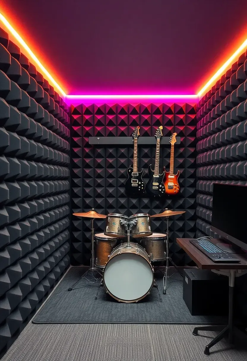 Soundproofed basement music studio with acoustic foam panels, a drum kit, guitar wall mounts, recording desk, and warm LED strip lighting