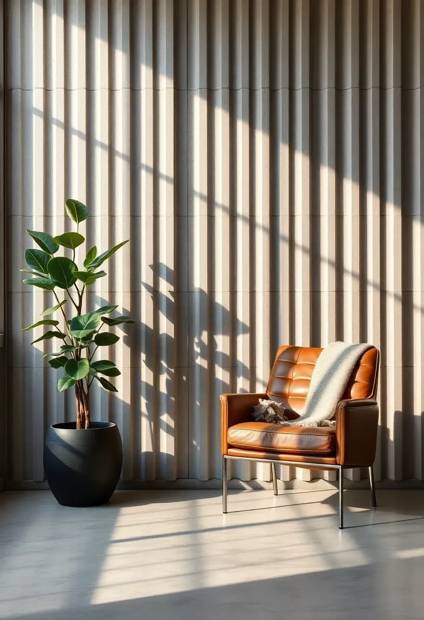 Industrial modern living room with a fluted concrete accent wall panel in light gray with tall floor plants and leather furniture
