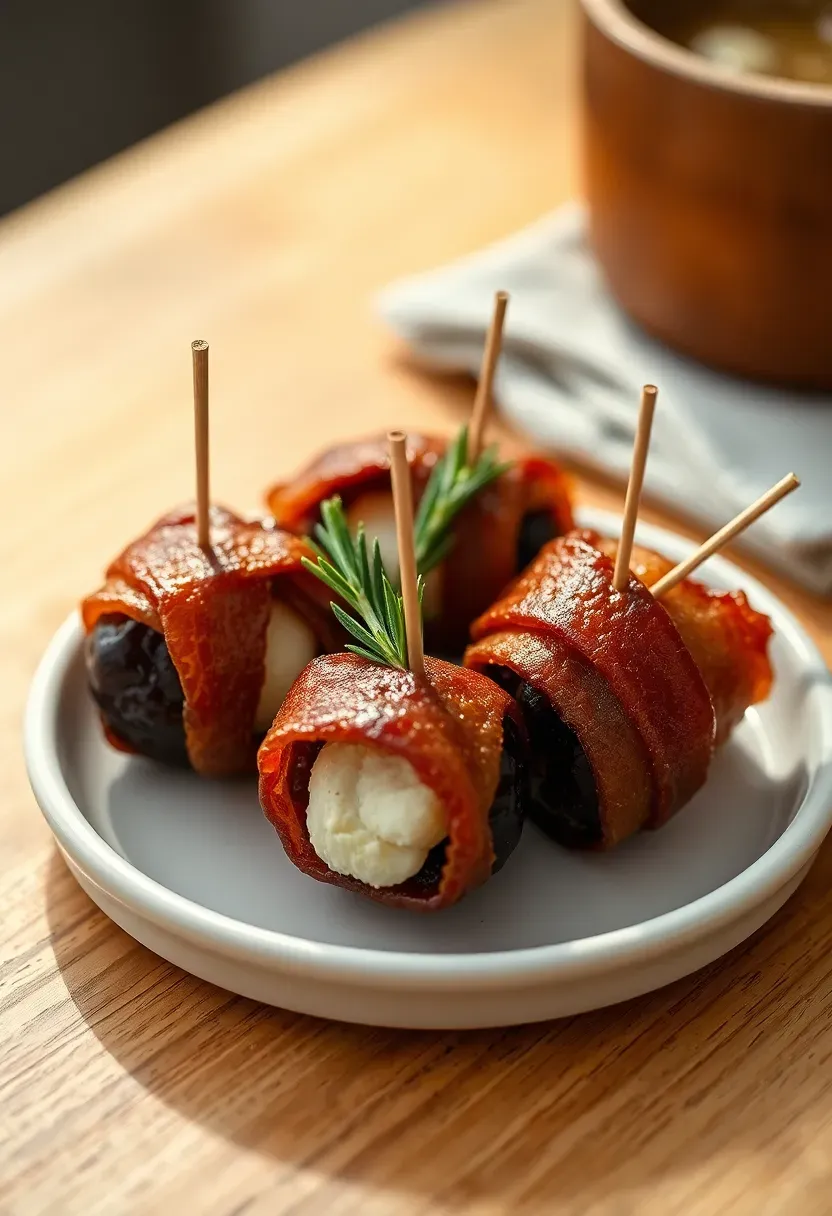 bacon wrapped dates stuffed with goat cheese on a small white plate with rosemary garnish at a baby shower party