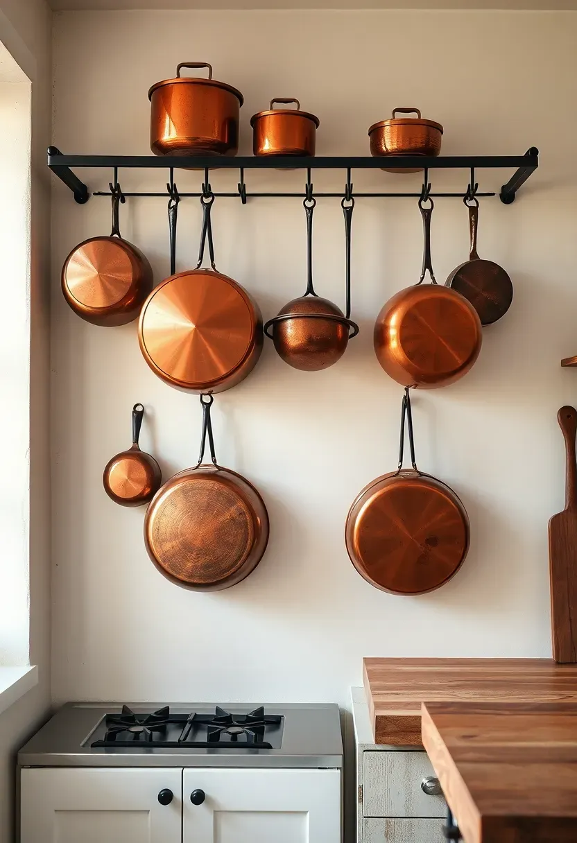 Hyper-realistic slightly elevated perspective of copper pots hanging from a black iron rack mounted on creamy white wall. Pots in various sizes showing natural patina—some with more oxidized darker copper, others with brighter warmer tones. Black iron hooks holding pots, rack extending across wall with visible mounting hardware. Warm natural light from window on left reflecting off copper surfaces, creating warm metallic glow. Creamy white walls, reclaimed wood cabinets below, butcher block counter with prep area. Materials: copper with natural patina, wrought iron, painted white wood, walnut. Warm sophisticated rustic mood. Visible kitchen context - stove below rack, all wall space showing copper display. Slight tarnish on some pots, small water spots from cleaning. No text, no logos, no watermarks. Negative prompt: 