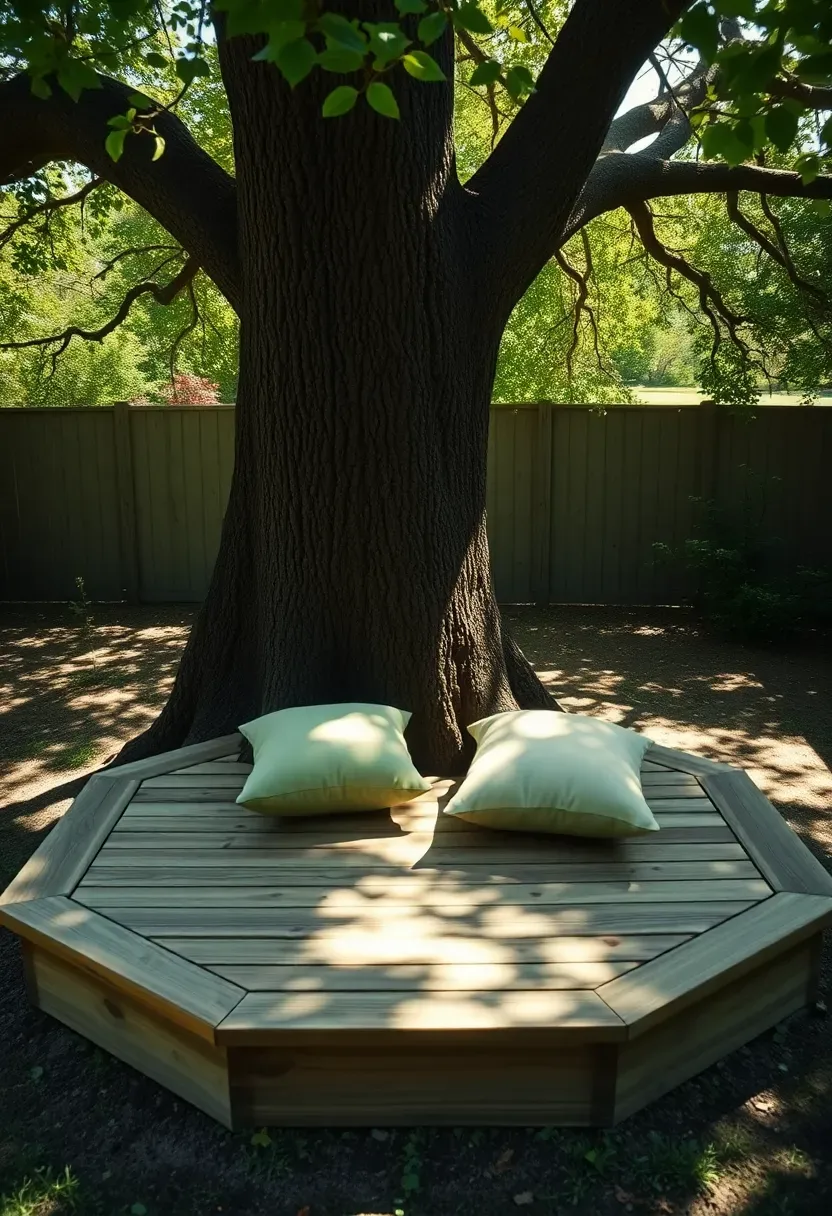 A small hexagonal wooden deck platform built around the trunk of a large shade tree in a backyard with cushioned seating