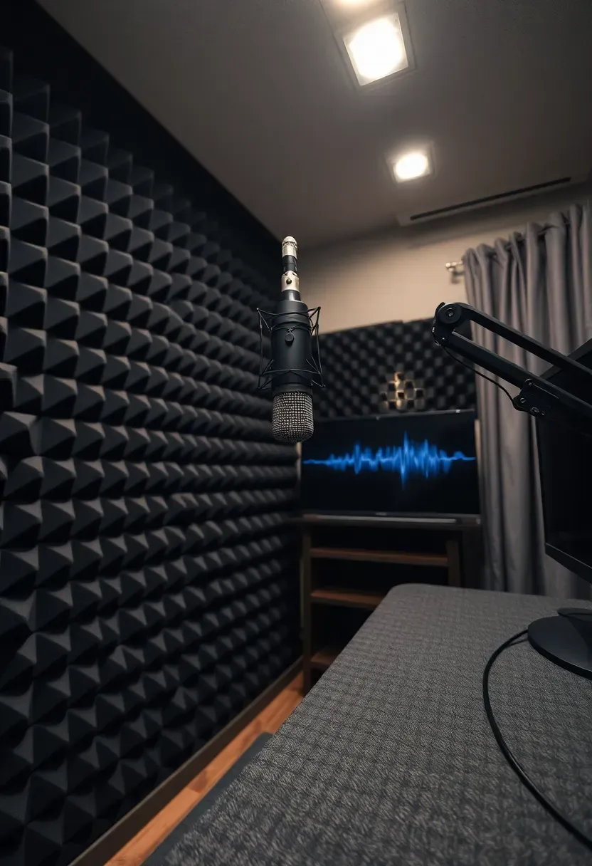 Soundproofed basement office with acoustic foam panels, professional microphone, monitor, and soft diffused lighting