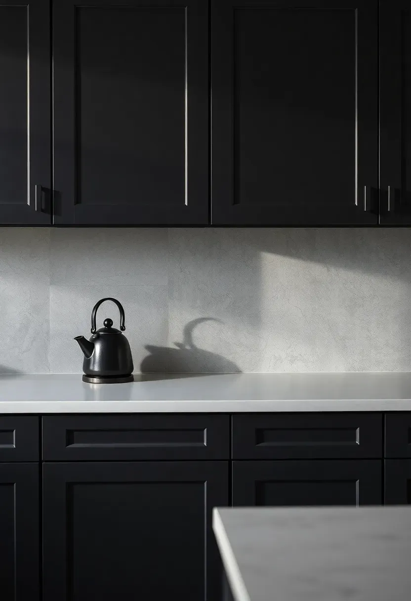 soapstone slab backsplash with natural gray-green tones in kitchen with dark black cabinets and white quartz countertops