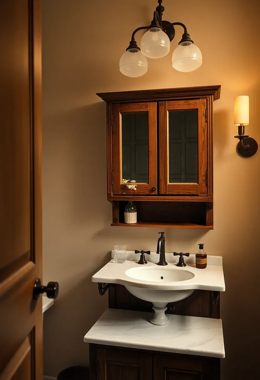 Vintage 1930s wood apothecary cabinet repurposed as powder room vanity with custom marble top and antique beveled mirror