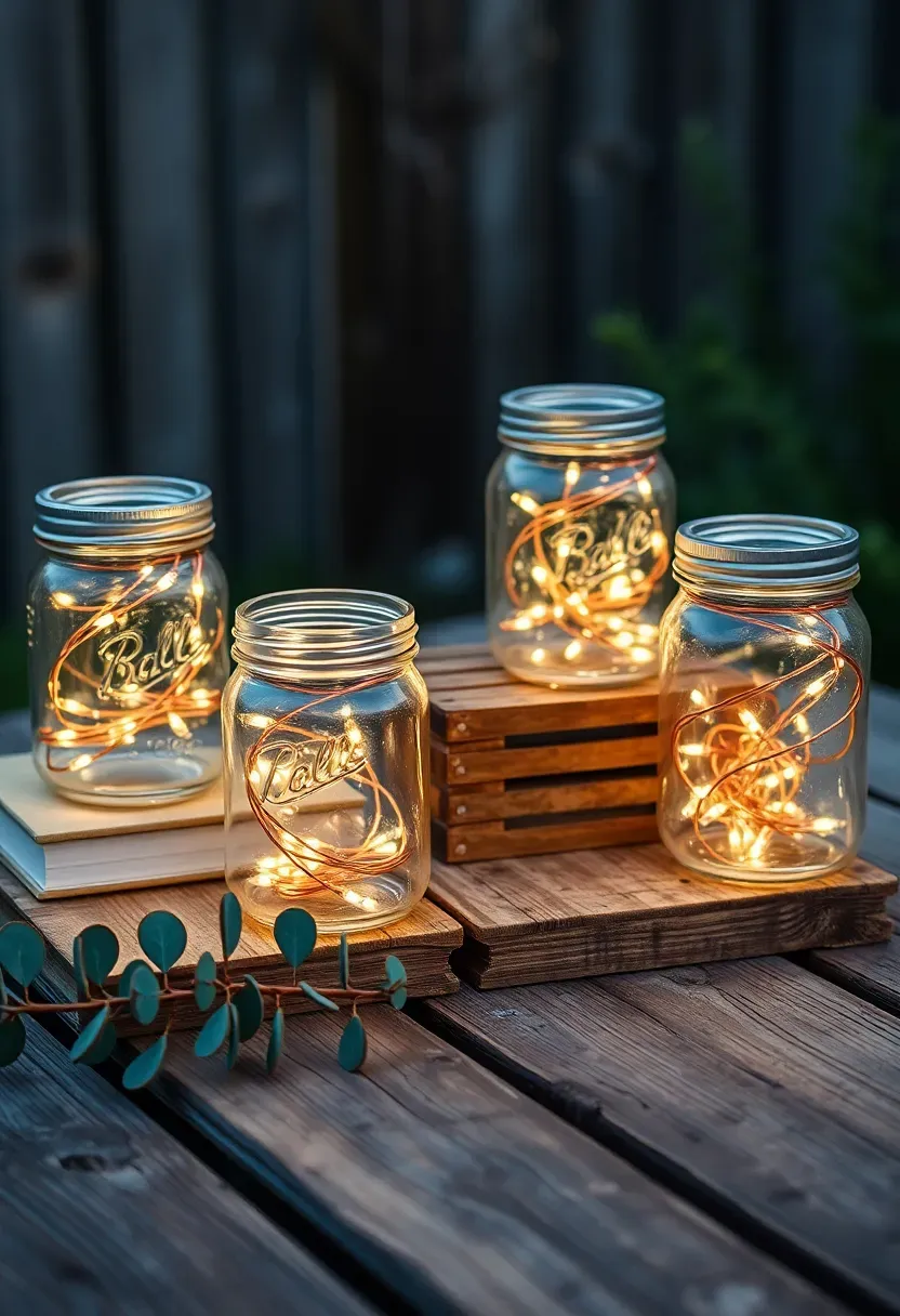 Several mason jars filled with warm white fairy light wire coils arranged on a rustic wooden outdoor table with greenery around them