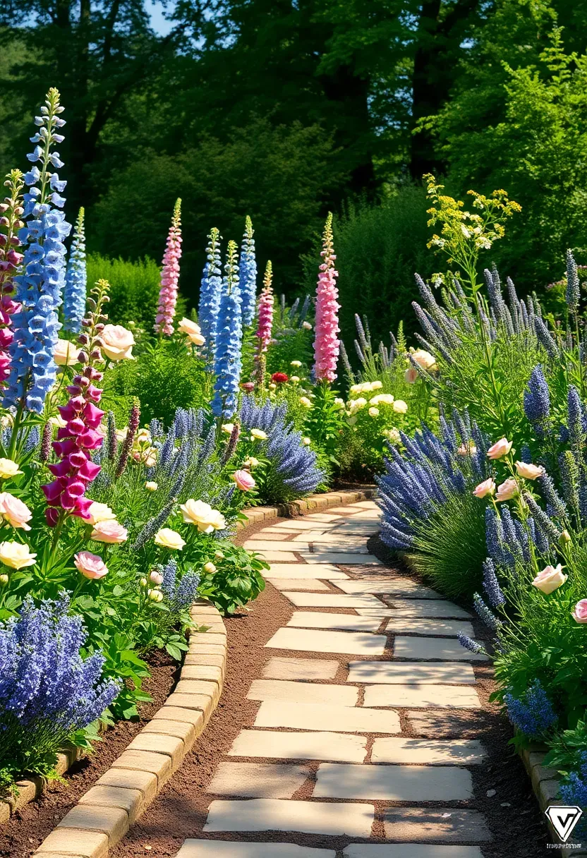 Lush English cottage garden mixed border overflowing with delphiniums, foxgloves, roses, and lavender along a winding stone path in dappled afternoon light