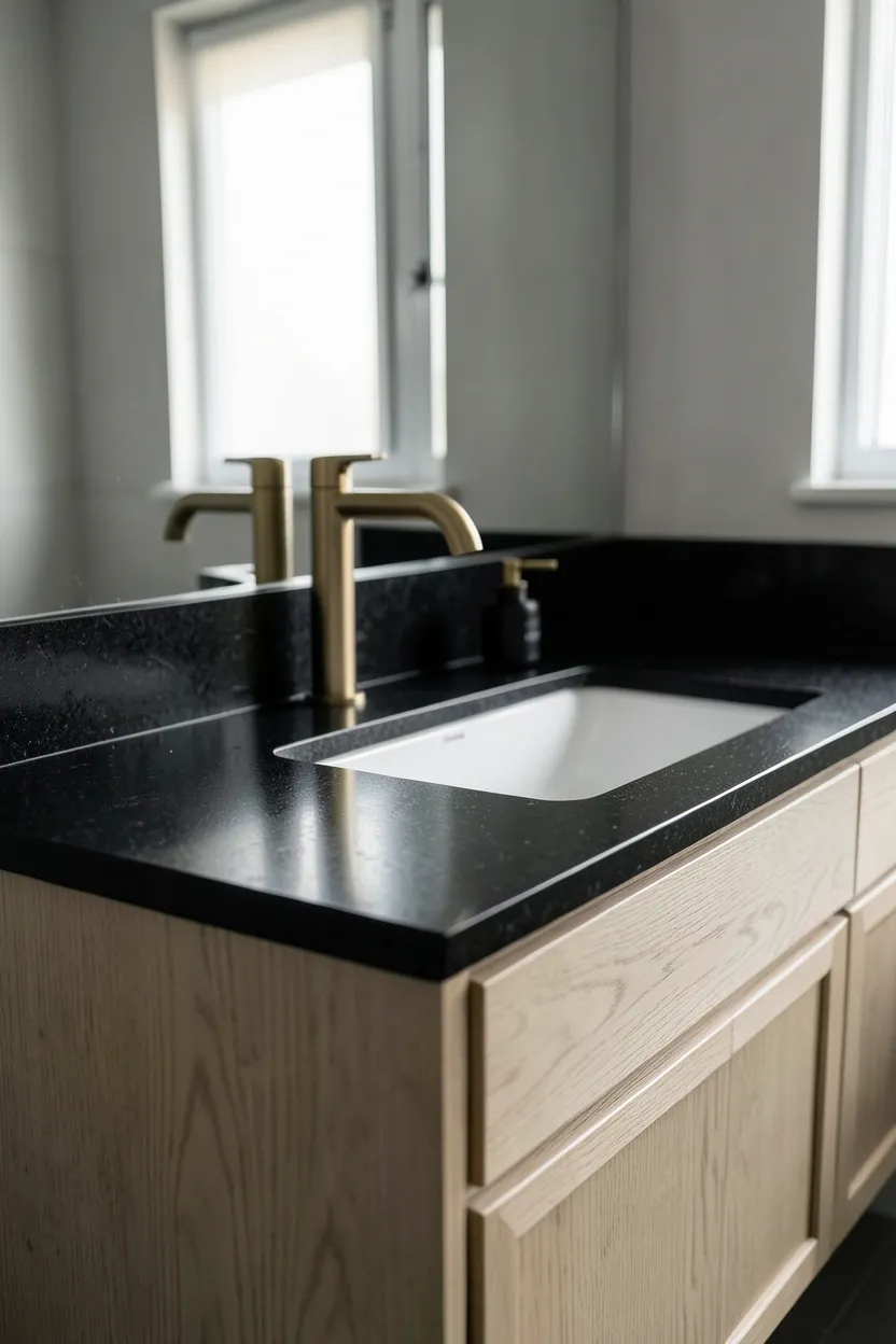 Black granite countertop on a white floating vanity with undermount sink and brushed gold faucet — dramatic contrast in modern bathroom