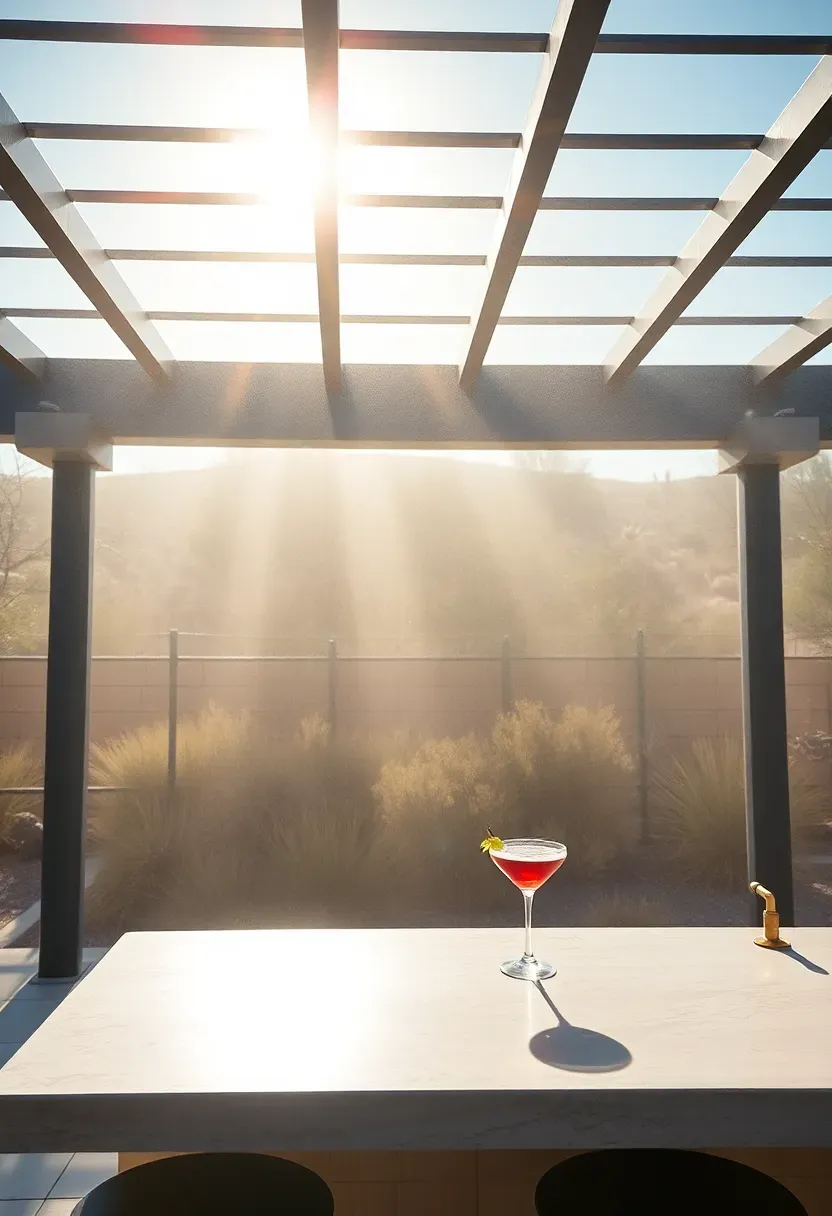 Modern pergola with built-in misting system creating a cool fog effect over an outdoor bar area with concrete countertops and metal stools in a Scottsdale backyard