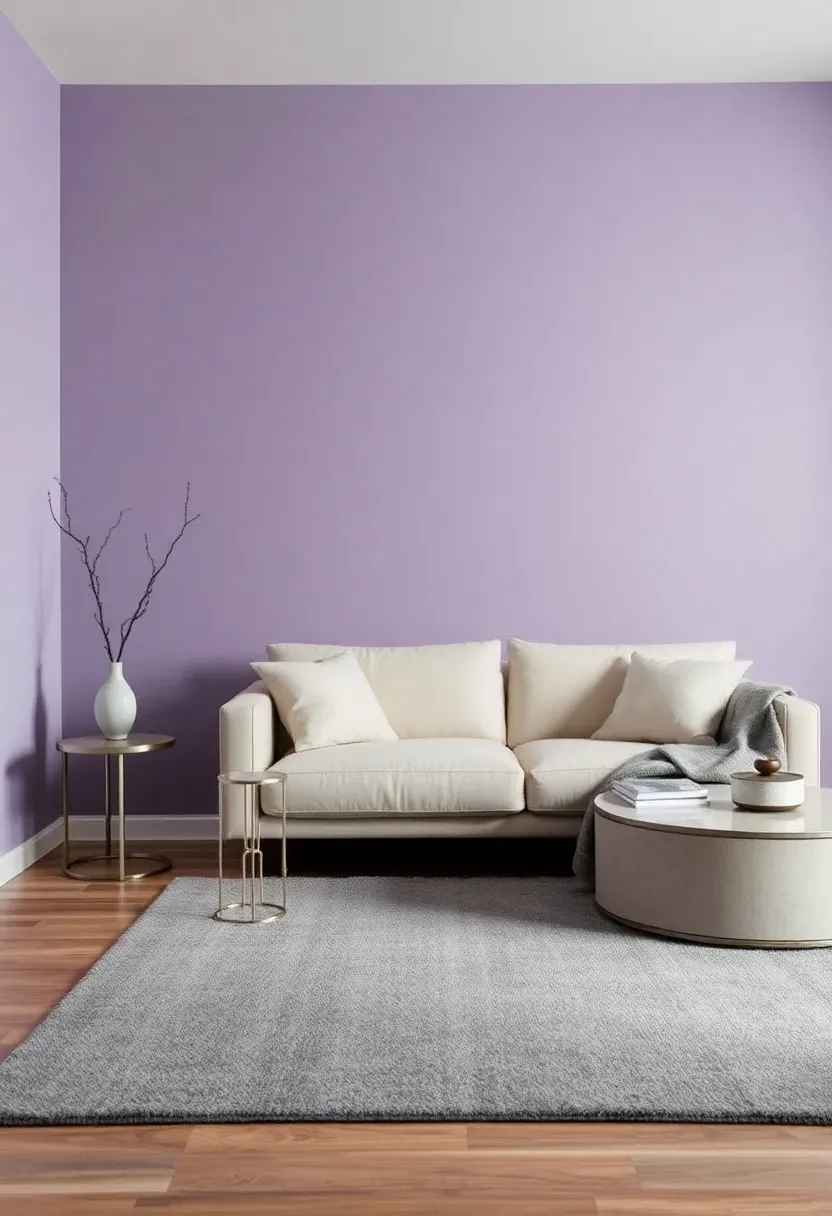 Hyper-realistic 3/4 view of a minimalist living room with dusty purple walls, cream sofa, gray rug, silver accents. Materials: matte purple paint, cream linen, gray wool, chrome metal. Soft diffused light, calm purple-gray shadows. Shallow depth of field, sophisticated minimalist composition. No text, no logos, no watermarks.</p>