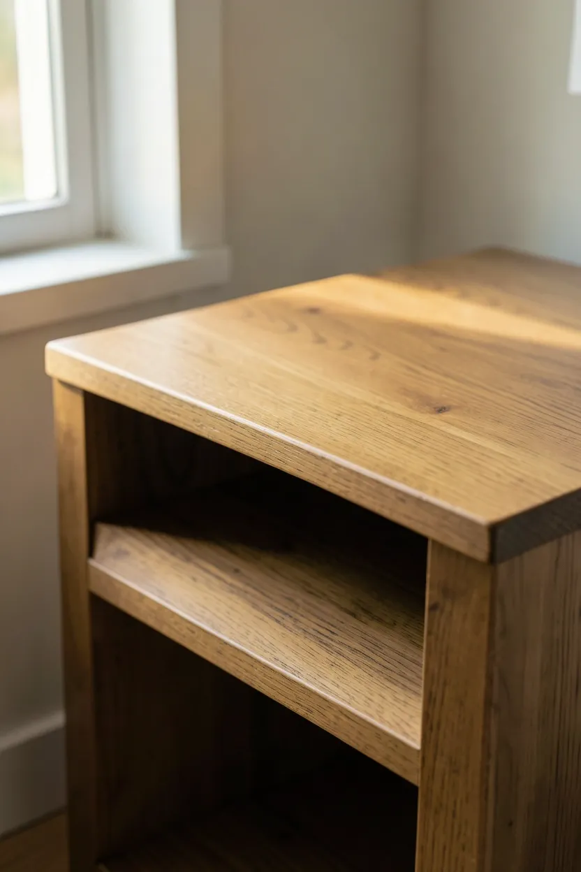Low natural oak bedside table with a ceramic lamp and book beside a bed with cream linen bedding in a calm bedroom