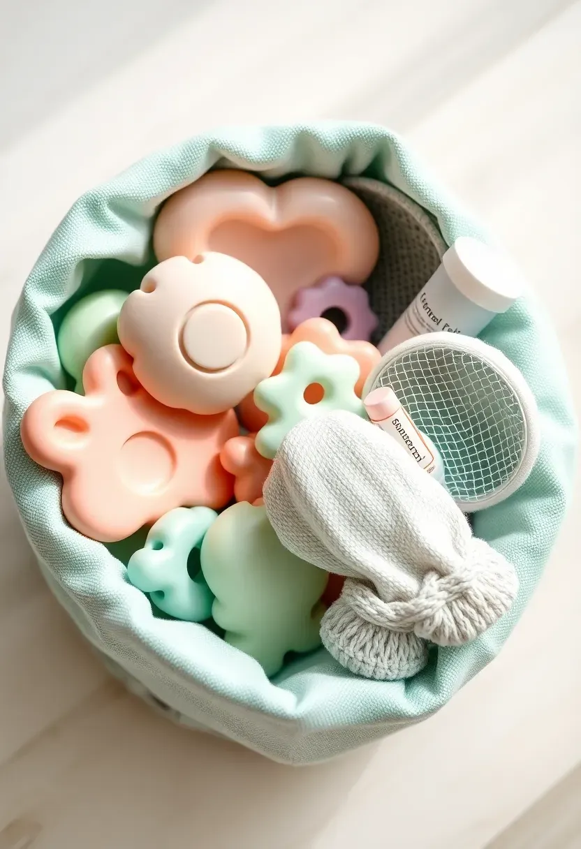 teething relief baby gift bundle with silicone teething toys frozen fruit feeder teething mittens and natural gum gel in a soft mint green basket