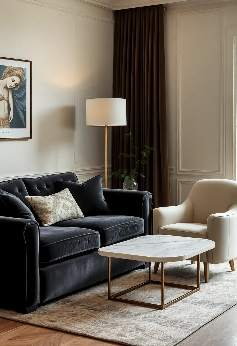 Hyper-realistic 3/4 view of elegant living room featuring velvet upholstery. Materials: charcoal velvet sofa with plush visible pile, cream velvet accent chair, white marble coffee table, brass floor lamp. Cream walls, white oak floor. Soft directional light emphasizing velvet's sheen and texture variations. Tactile luxury through fabric quality rather than pattern or color.</p>