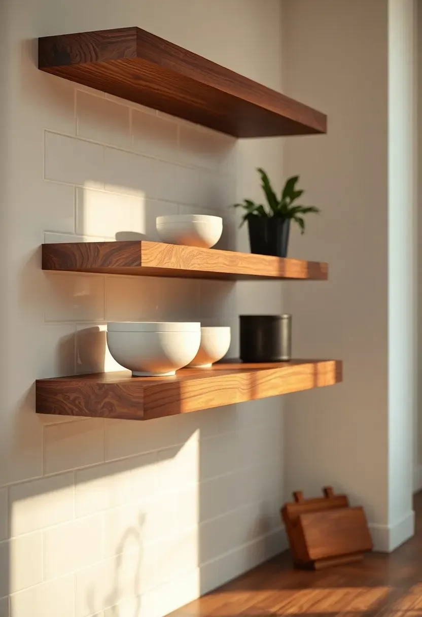 floating wooden shelf mounted at top edge of backsplash tile serving as both storage and trim in small modern kitchen