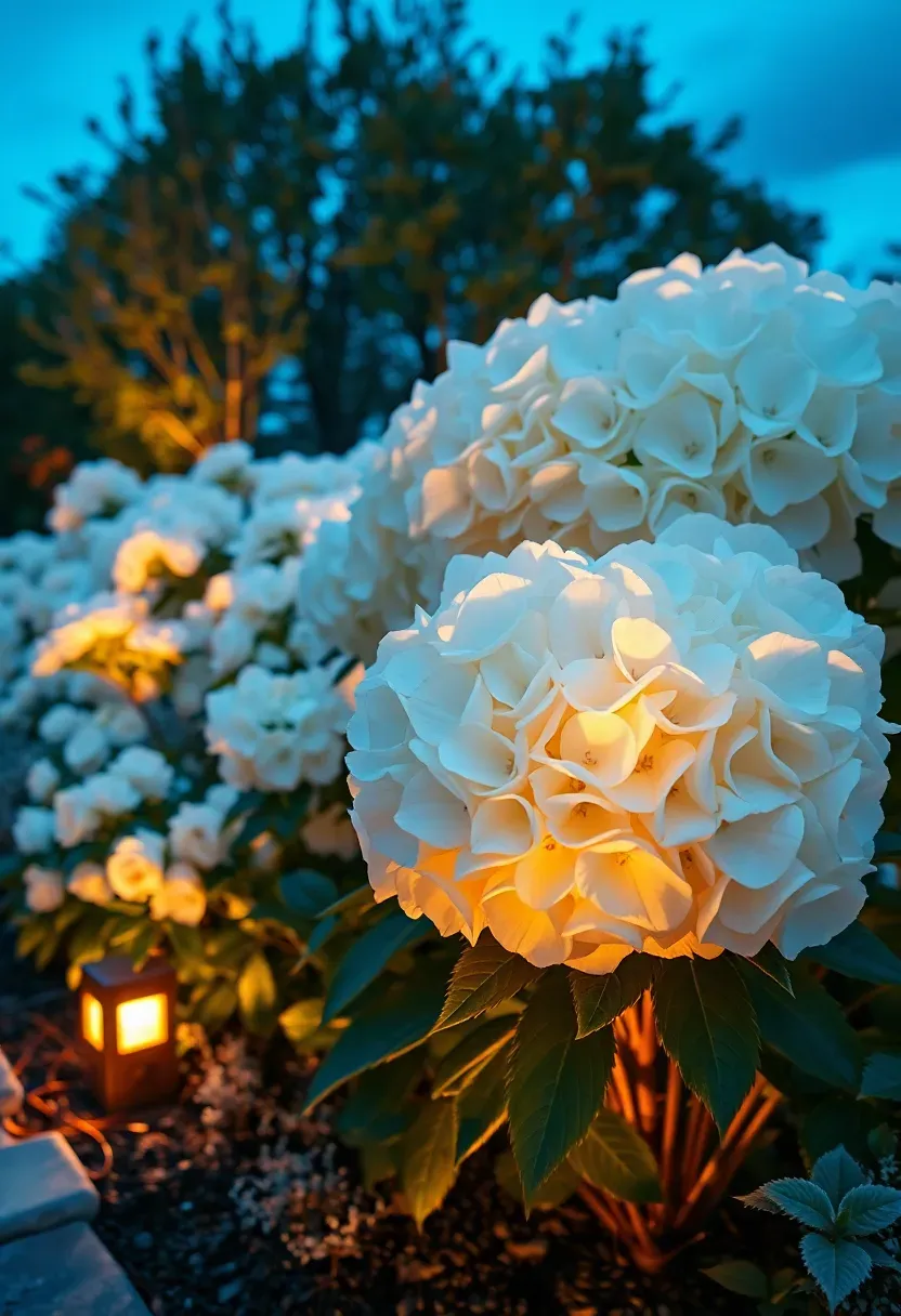 Moonlit backyard garden with white flowering plants including white roses, gardenias, and white hydrangeas glowing under soft landscape lighting