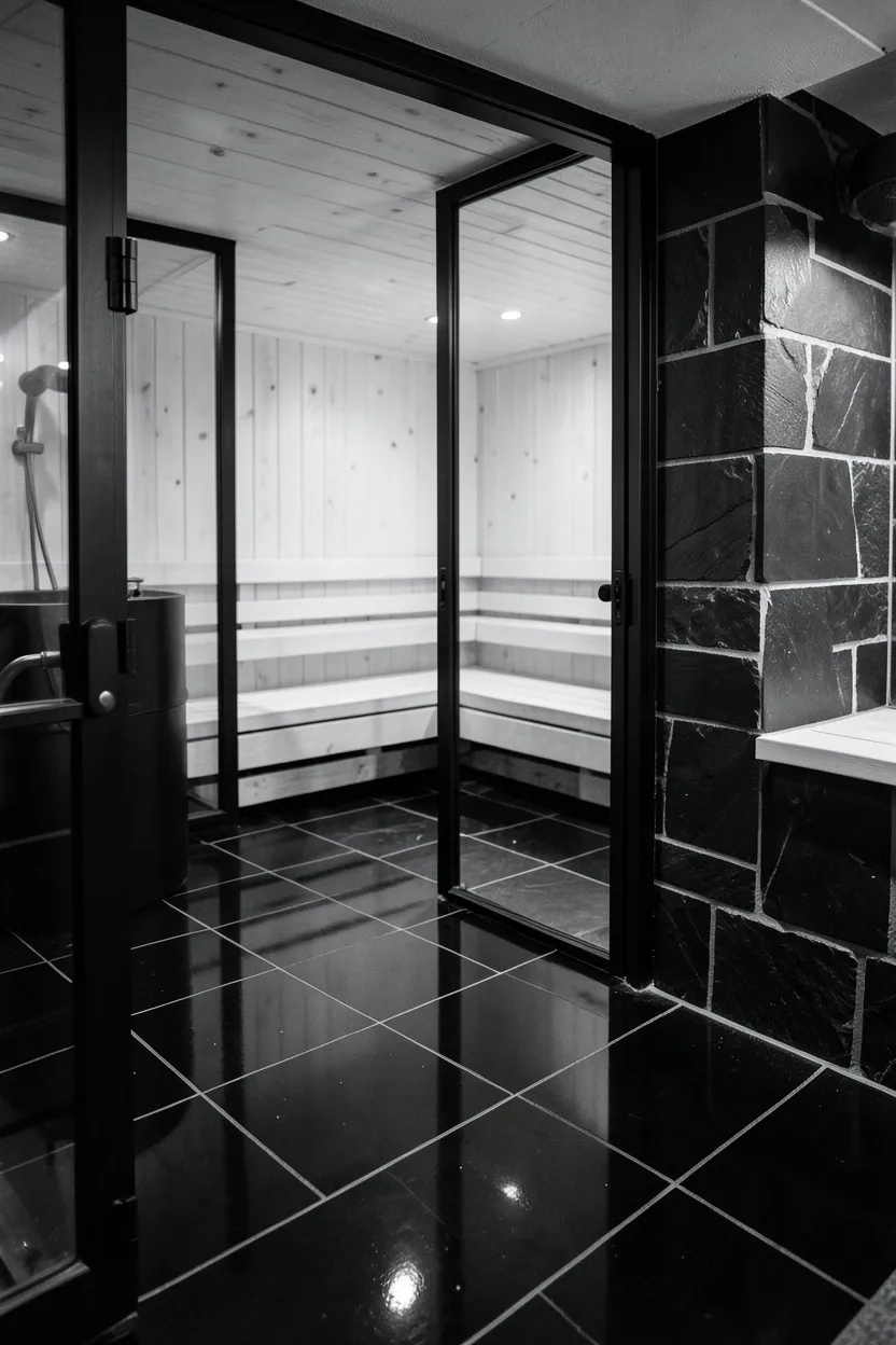 Bold black and white home gym with glossy black tile floor, matte black equipment, and white cedar sauna interior creating high-contrast wellness zones