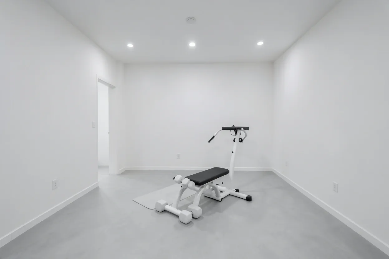 Minimal small gym room with white walls, rubber flooring, and wall-mounted storage — clean renter-friendly workout space with no visual clutter