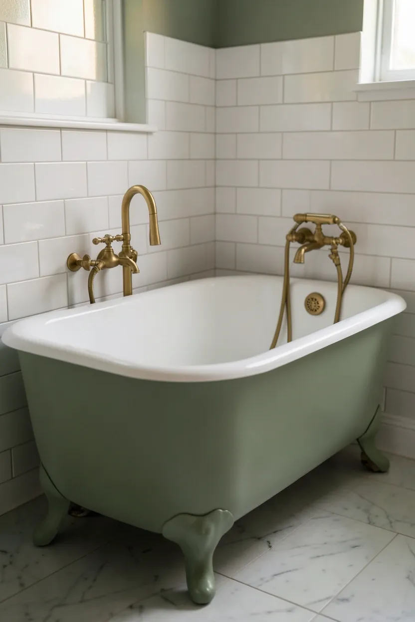 Sage green painted freestanding bathtub with brass claw feet as a focal point in a small UK bathroom