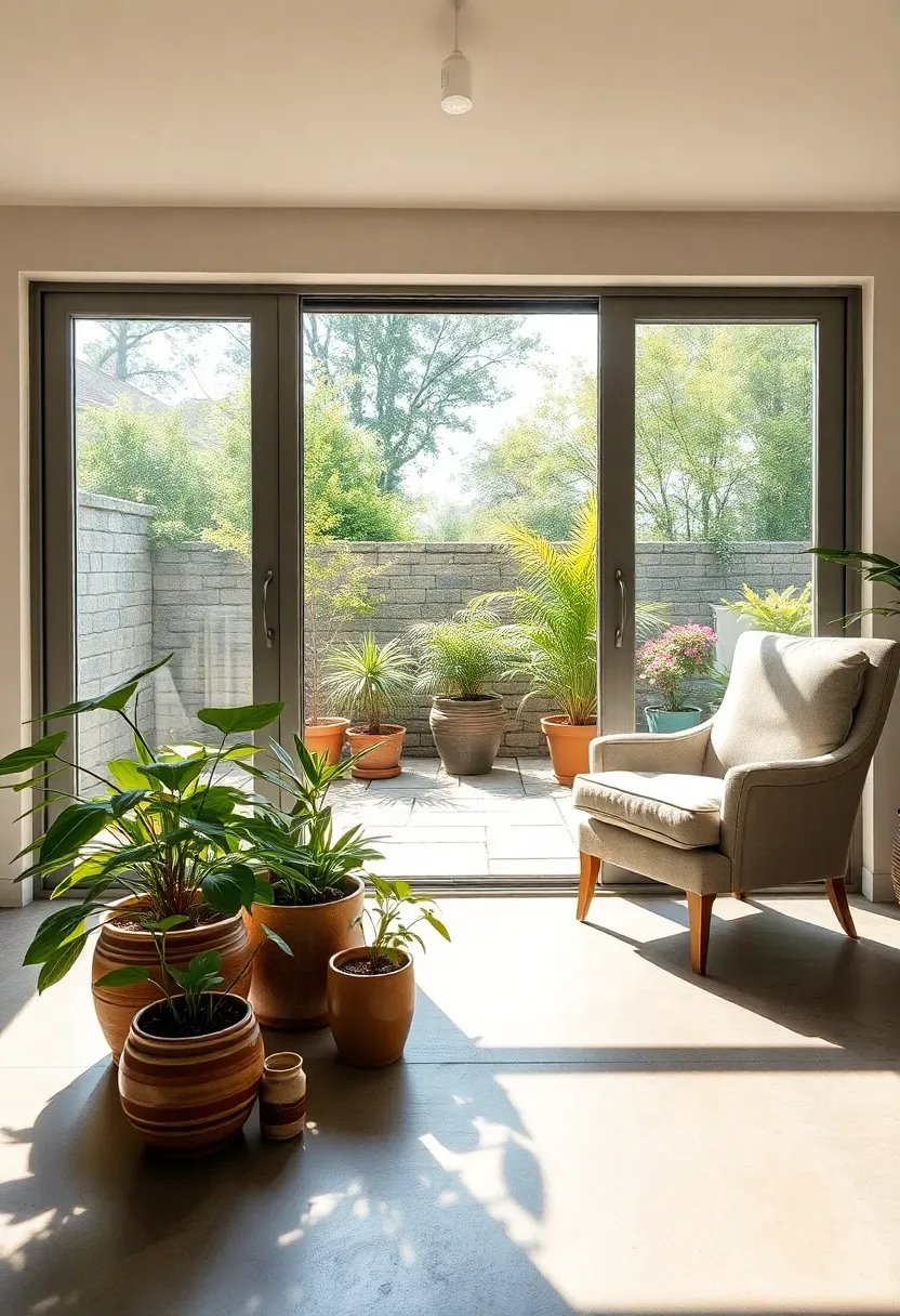 Walkout basement sunroom extension with large glass doors opening to a patio, indoor plants, and natural light flooding in