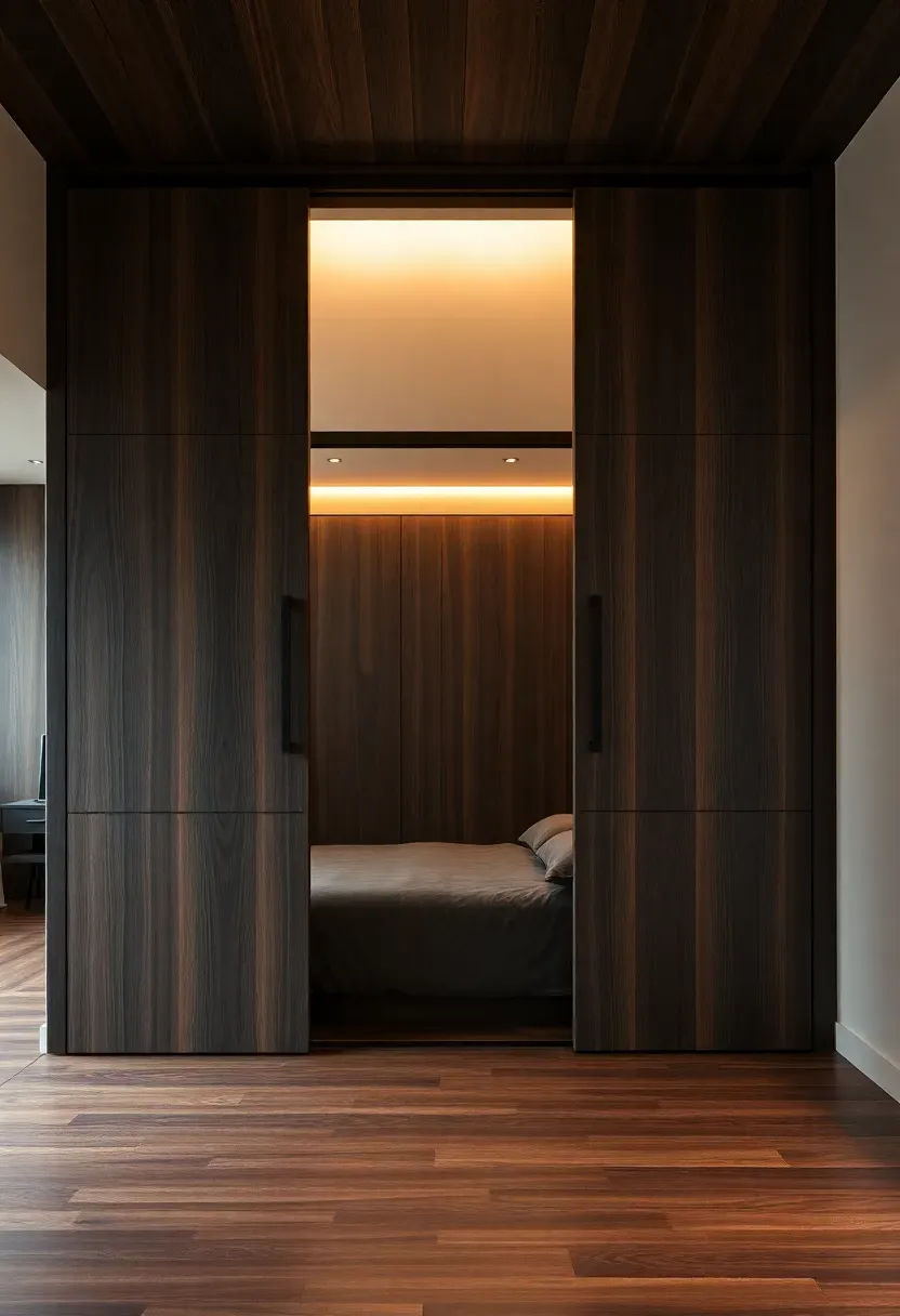 Floor-to-ceiling barn door in dark stained oak spanning from floor to ceiling on a ceiling-mounted track covering a full-height bedroom closet