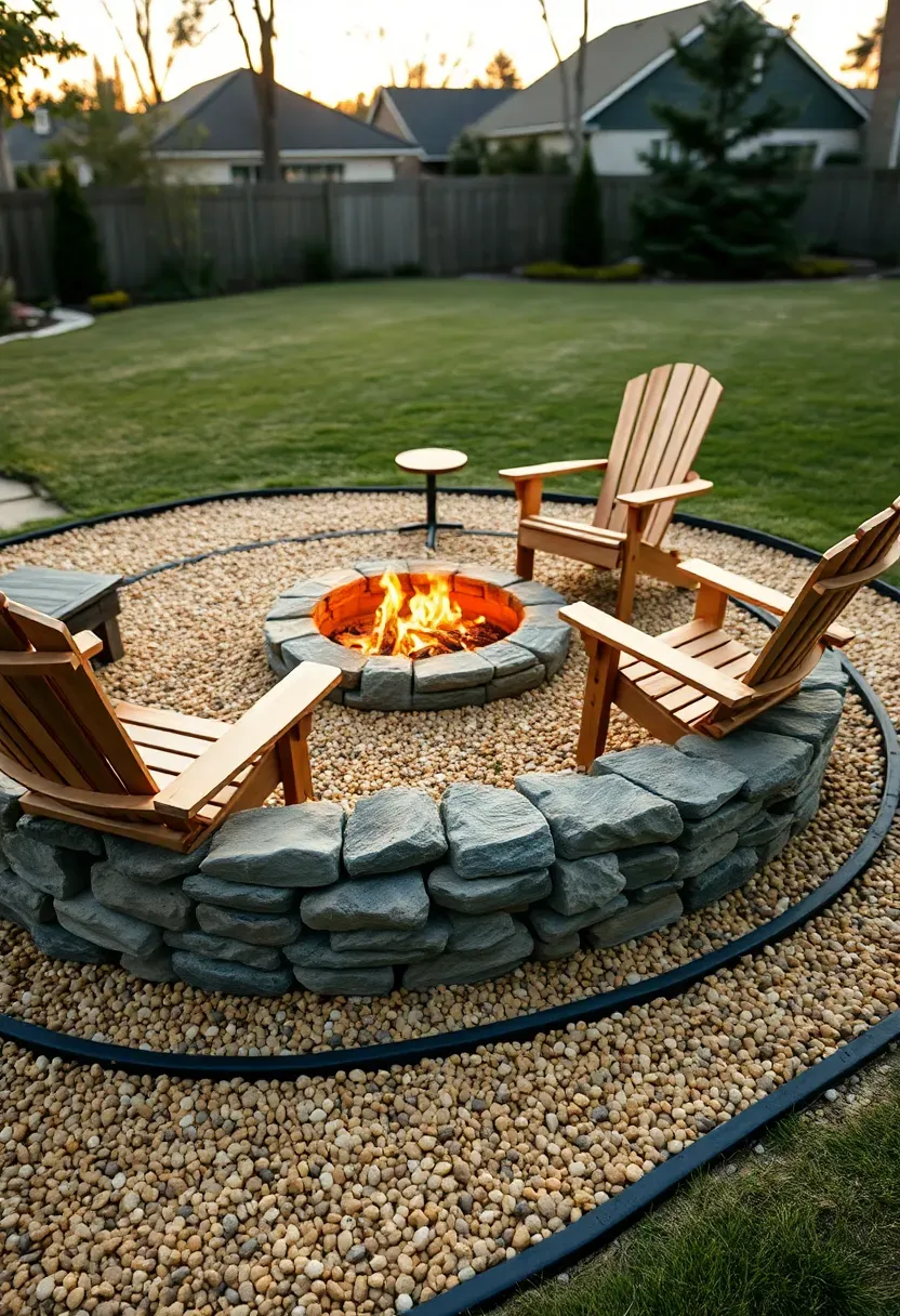 Pea gravel fire pit area with stacked natural stone ring and two wooden chairs in a backyard