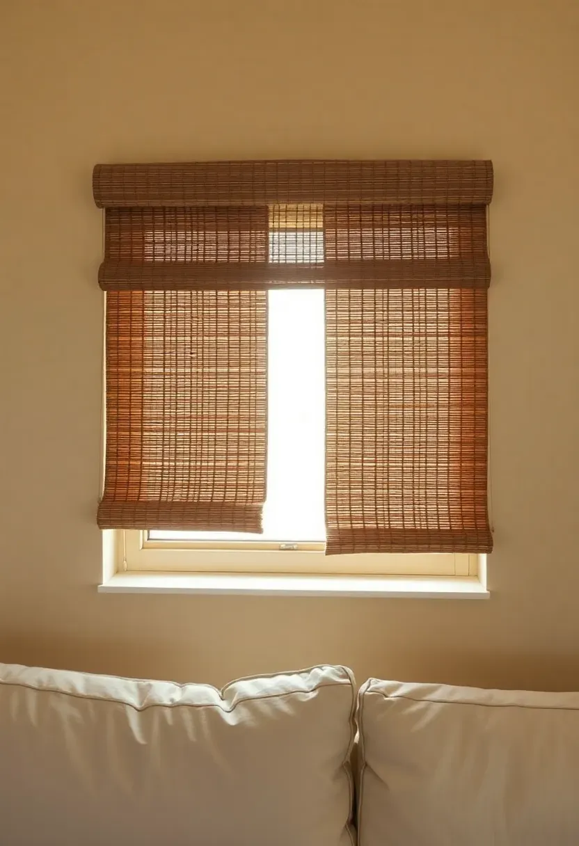 Natural bamboo roll-up shades filtering warm light in a boho minimalist rental living room