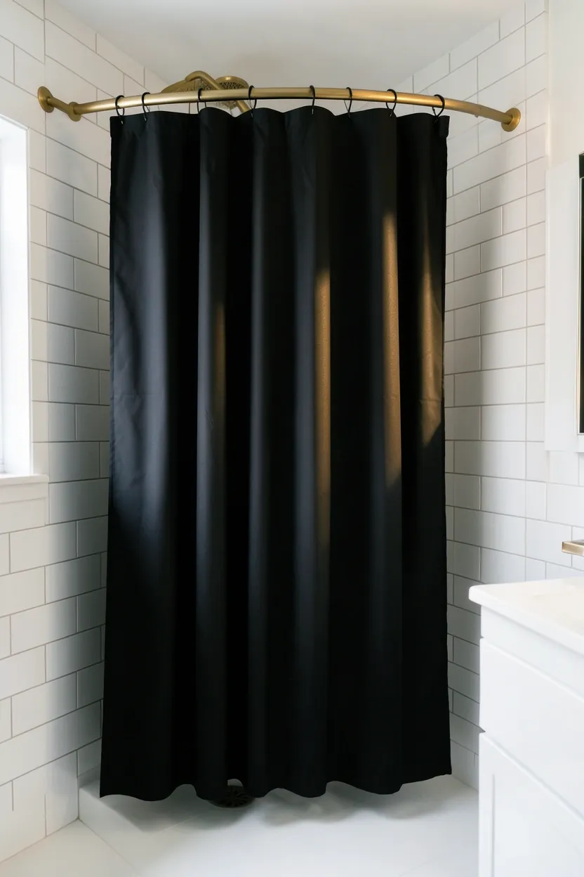 Heavy black fabric shower curtain with matte black rings in a white rental bathroom — renter-friendly no-damage upgrade