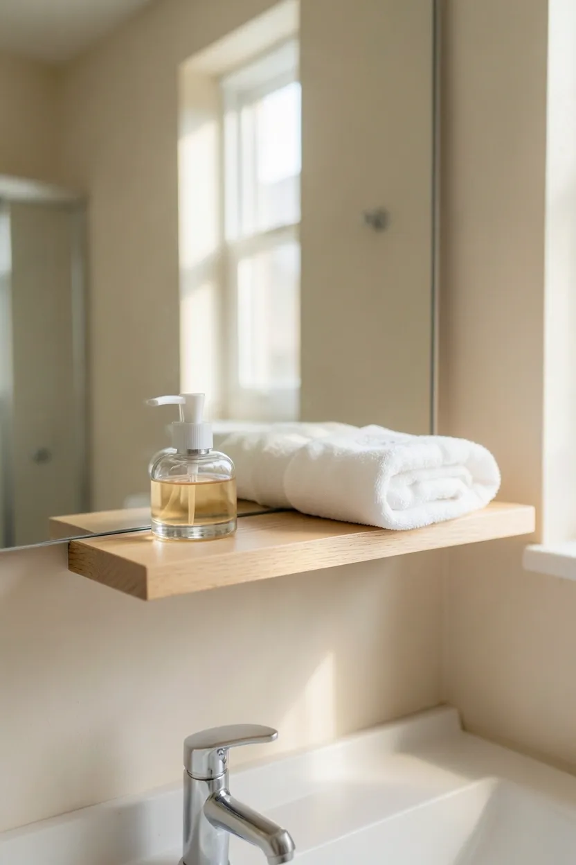 Frameless wall-to-wall mirror with built-in shelf above a compact vanity brightening a small rental bathroom