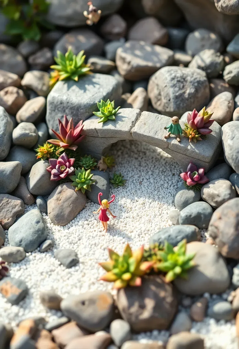 A fairy garden built among smooth river rocks with succulents of various colors, tiny resin fairy figurines, and a miniature stone bridge over a sand river