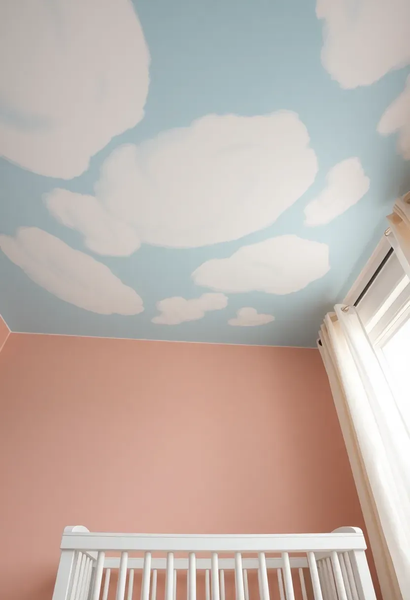 nursery ceiling painted with soft clouds and blue sky mural above white crib