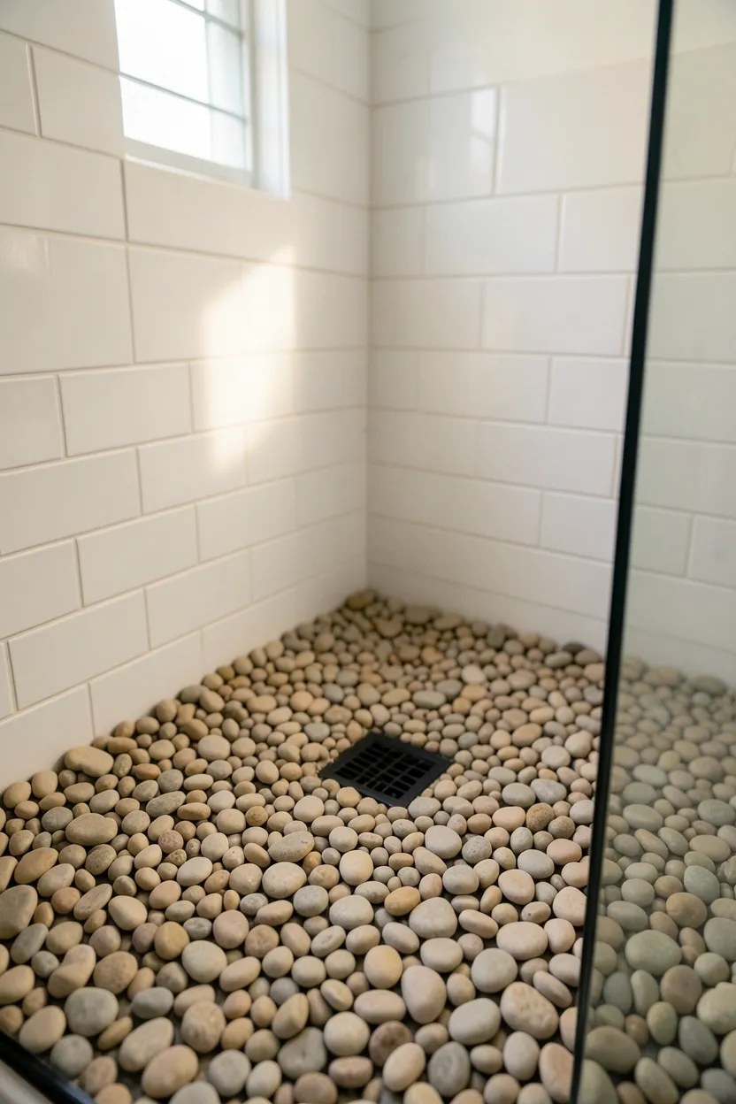 Natural river pebble floor shower base in grey and beige tones creating a spa-like textured surface