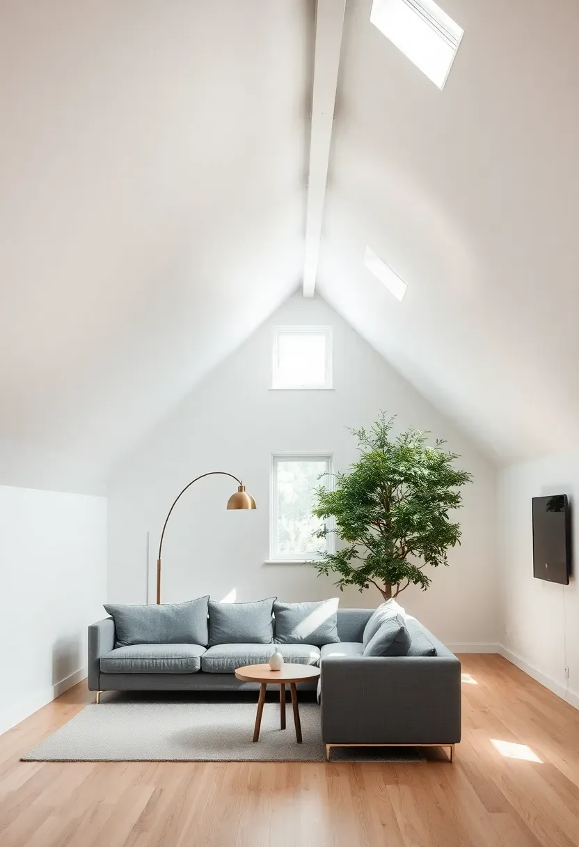 Hyper-realistic wide shot of attic living room with sloped white ceilings. Low-profile gray sectional placed along lower wall. Small round coffee table. Floor lamp with arched arm positioned under highest ceiling point. Large potted tree in corner. White walls including ceiling slopes, light wood floor. Dormer window with daylight. Cozy intimate atmosphere despite openness. Materials: gray cotton, light oak, brass, greenery. Bright natural light from multiple angles, warm intimate mood. Sharp details on ceiling angles and architectural features, visible room context, no text, no logos.</p>
