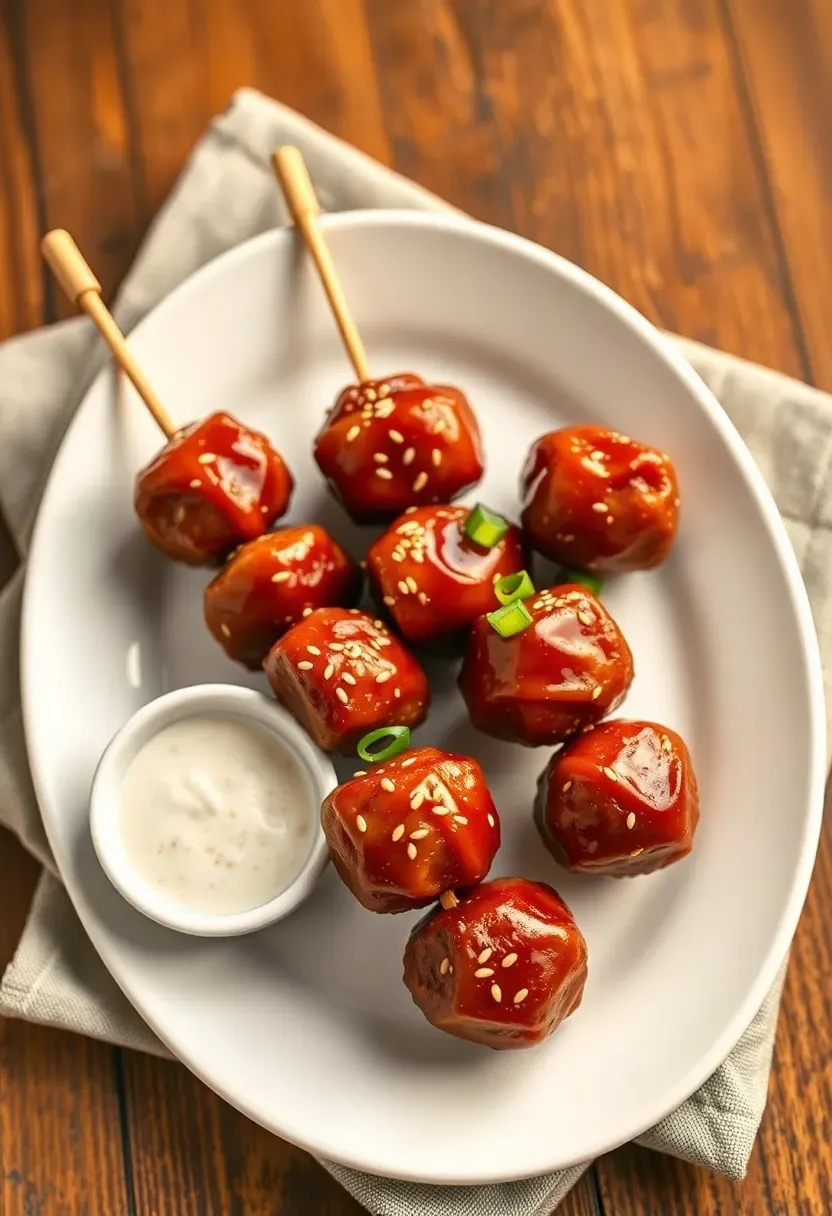 glazed BBQ meatball skewers with sesame seeds and scallions arranged on a white platter with dipping sauce