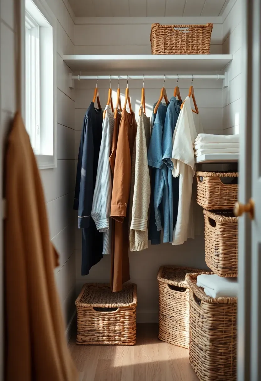 Hyper-realistic 3/4 view of a tiny house interior showing a minimalist closet with carefully selected hanging clothes and organized storage bins. Materials: white shiplap walls, wooden hangers, woven storage baskets. Soft diffused window light creating gentle shadows. Mindful simplicity mood with visible organization and lack of clutter. Shallow depth of field, sharp storage details, intentional minimalist composition. No text, no logos, no watermarks.</p>