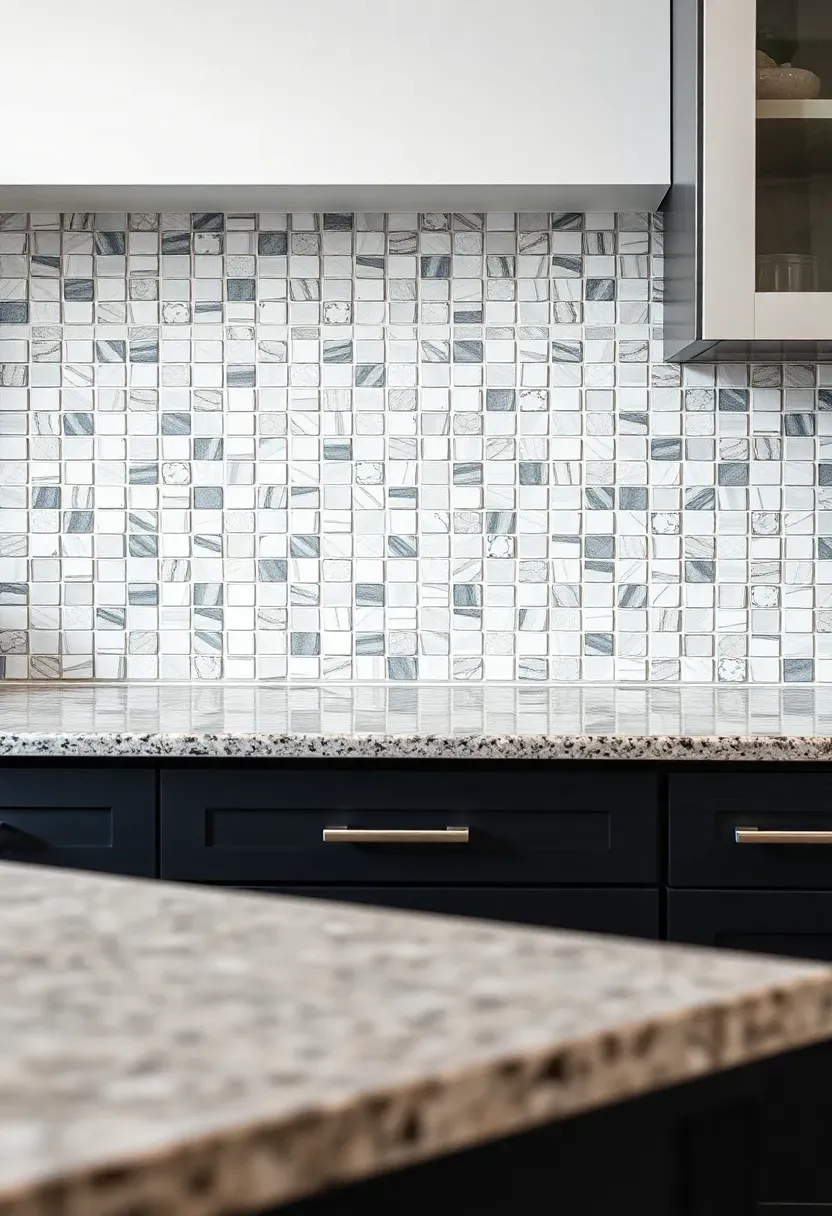 white and gray herringbone mosaic backsplash tile installed in kitchen with fantasy brown granite countertops and dark lower cabinets