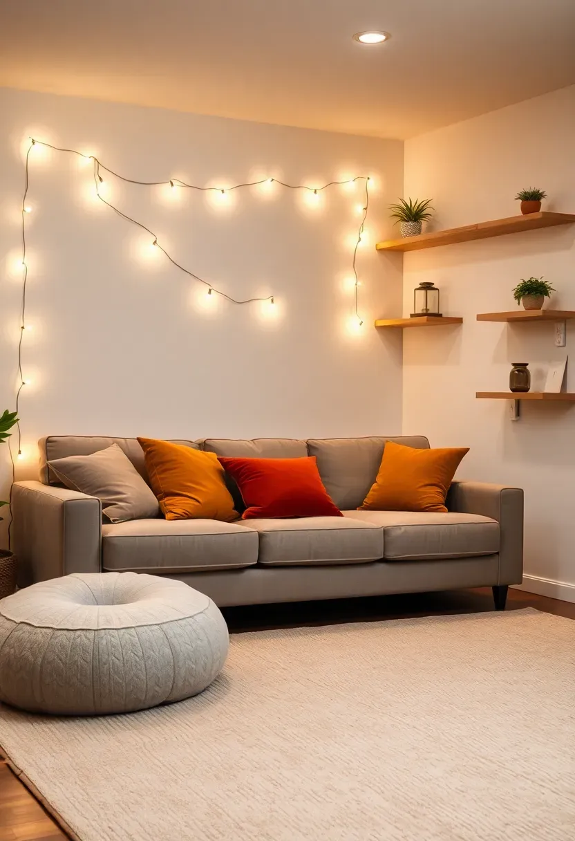 refreshed basement family room on a budget with painted walls new throw pillows and string lights