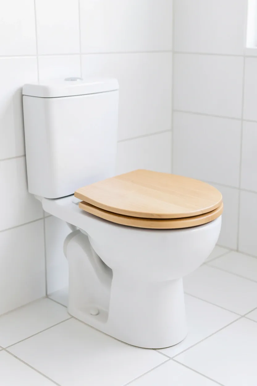 White soft-close toilet seat replacing a dated original in a rental bathroom — simple $40 upgrade that instantly modernizes the space