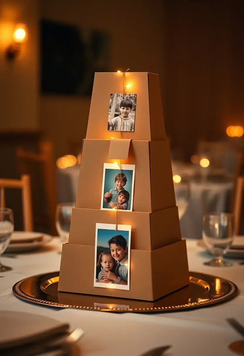 Tiered photo display tower showing graduation journey from kindergarten to cap and gown