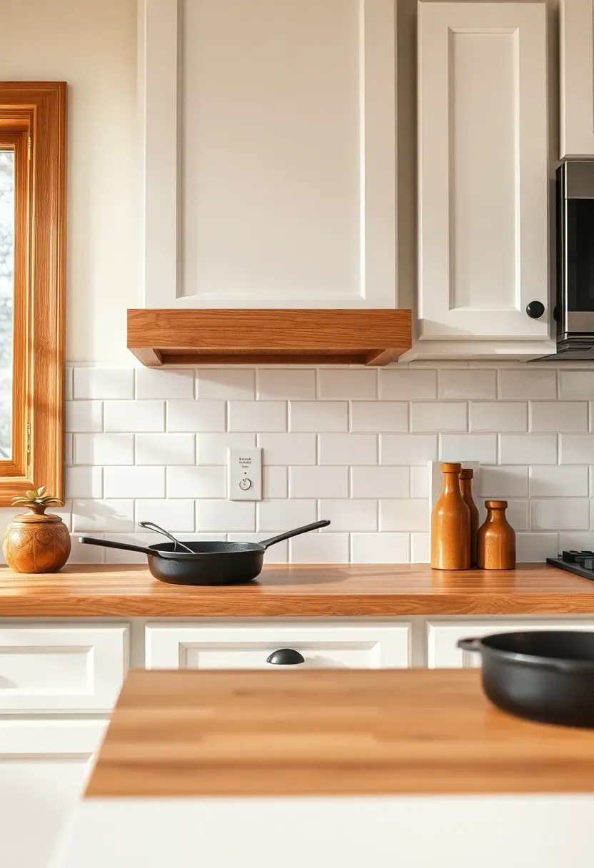 stained oak wood trim cap finishing the top edge of white tile backsplash in warm farmhouse kitchen with butcher block counters