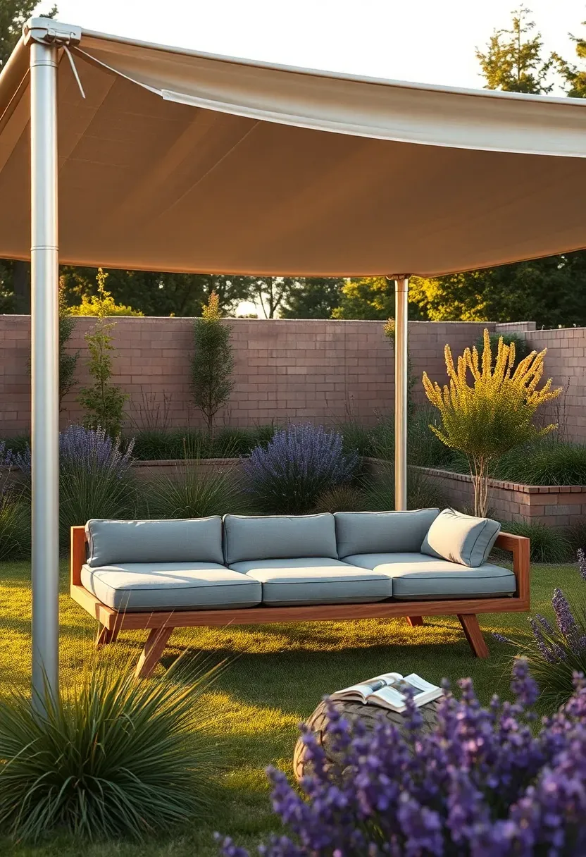 Freestanding awning frame with canvas top positioned over a garden lounge area away from the house, surrounded by tall grasses
