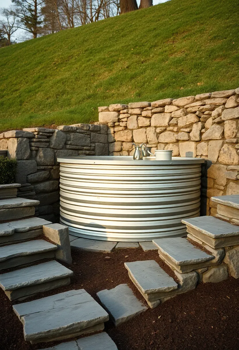 Stock tank pool built into a hillside terrace with natural stone retaining wall and garden steps leading down to the pool area